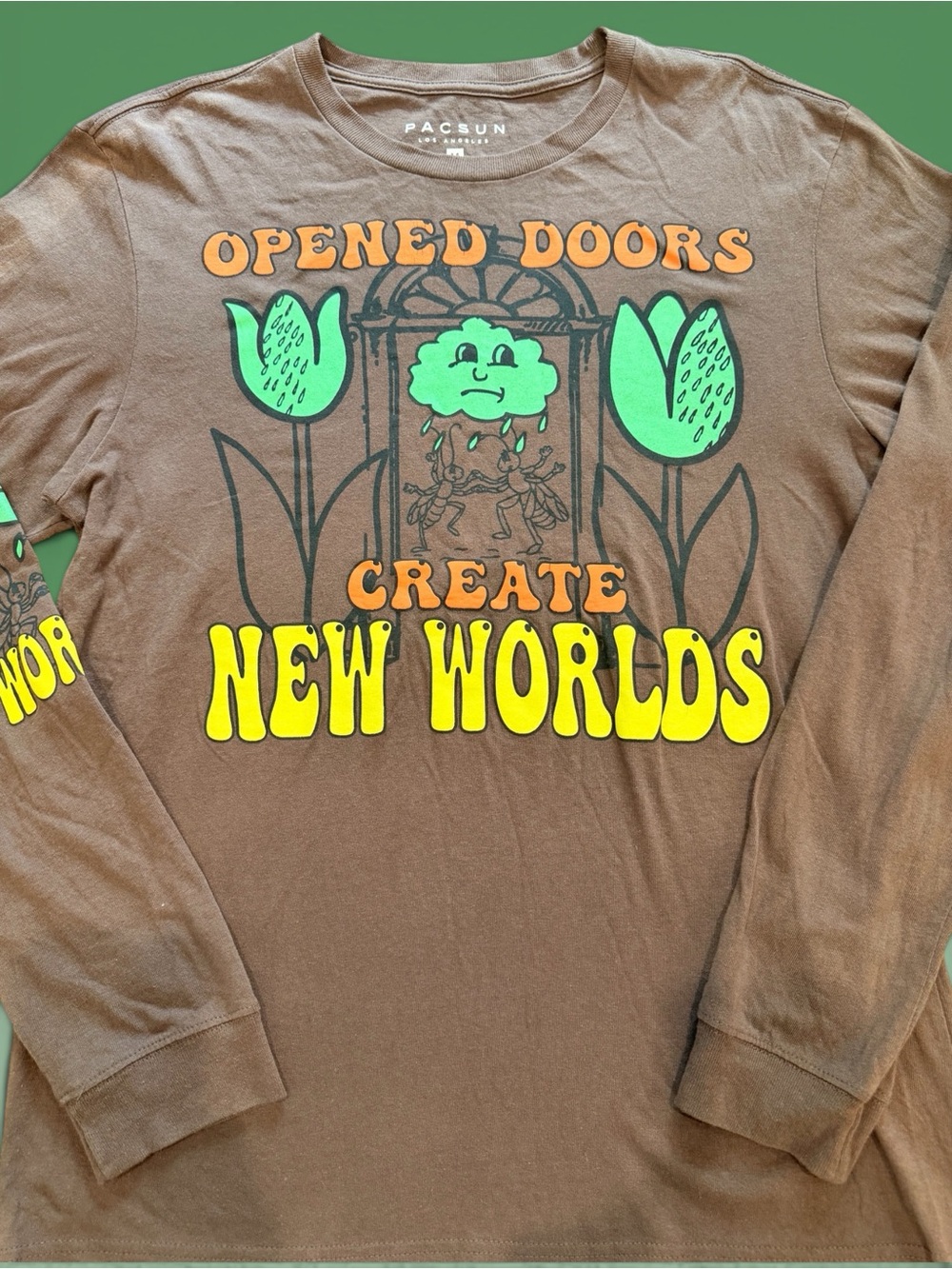 PacSun Brown Long Sleeve Graphic Tee- “Open Doors Create New Worlds” Size Medium